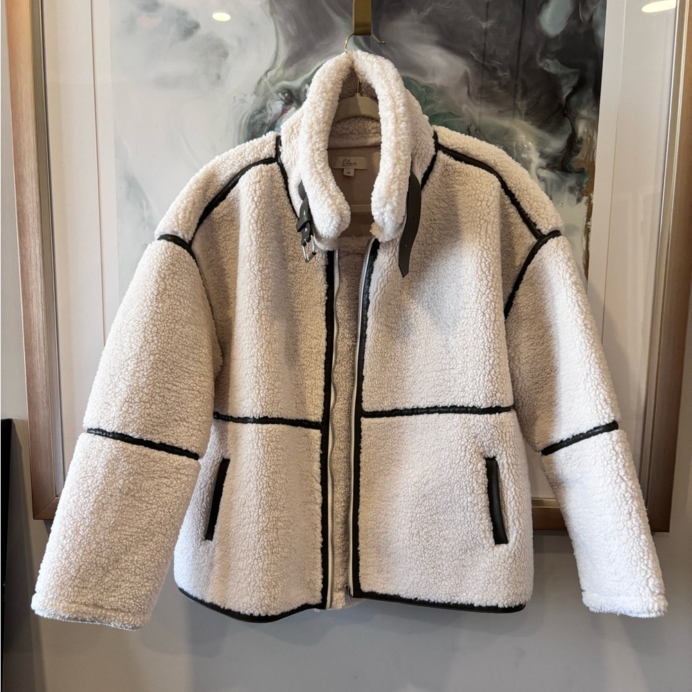 Boutique Sherpa Jacket Cream with Olive Faux Leather Accents Size Medium